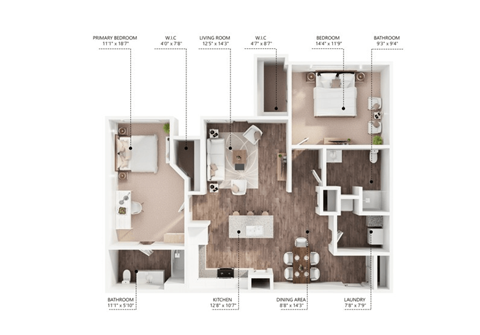 A floor plan of an apartment with a living room, dining area, kitchen, laundry, and bathrooms.